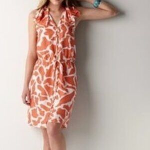 ANN TAYLOR LOFT Orange White Silk Giraffe Sleeveless Dress Midi Cinched Waist 0